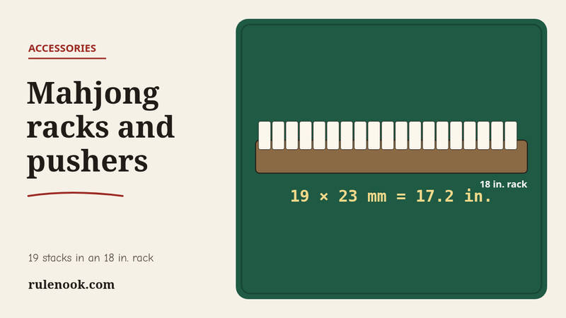 A wooden mahjong rack on felt holding 19 tiles 23 mm wide, filling 17.2 inches of an 18 inch rack